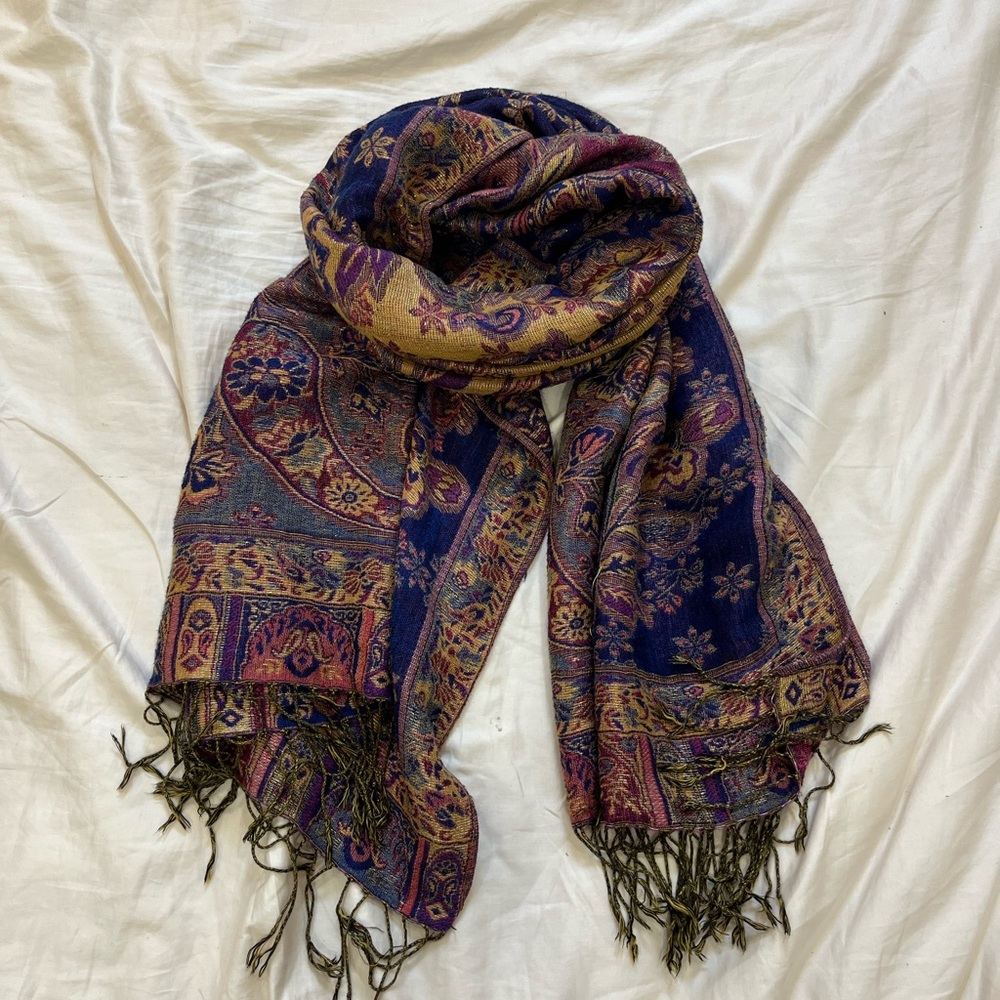 SOLD Bohemian Paisley Fringe Scarf - Navy & Multicolor